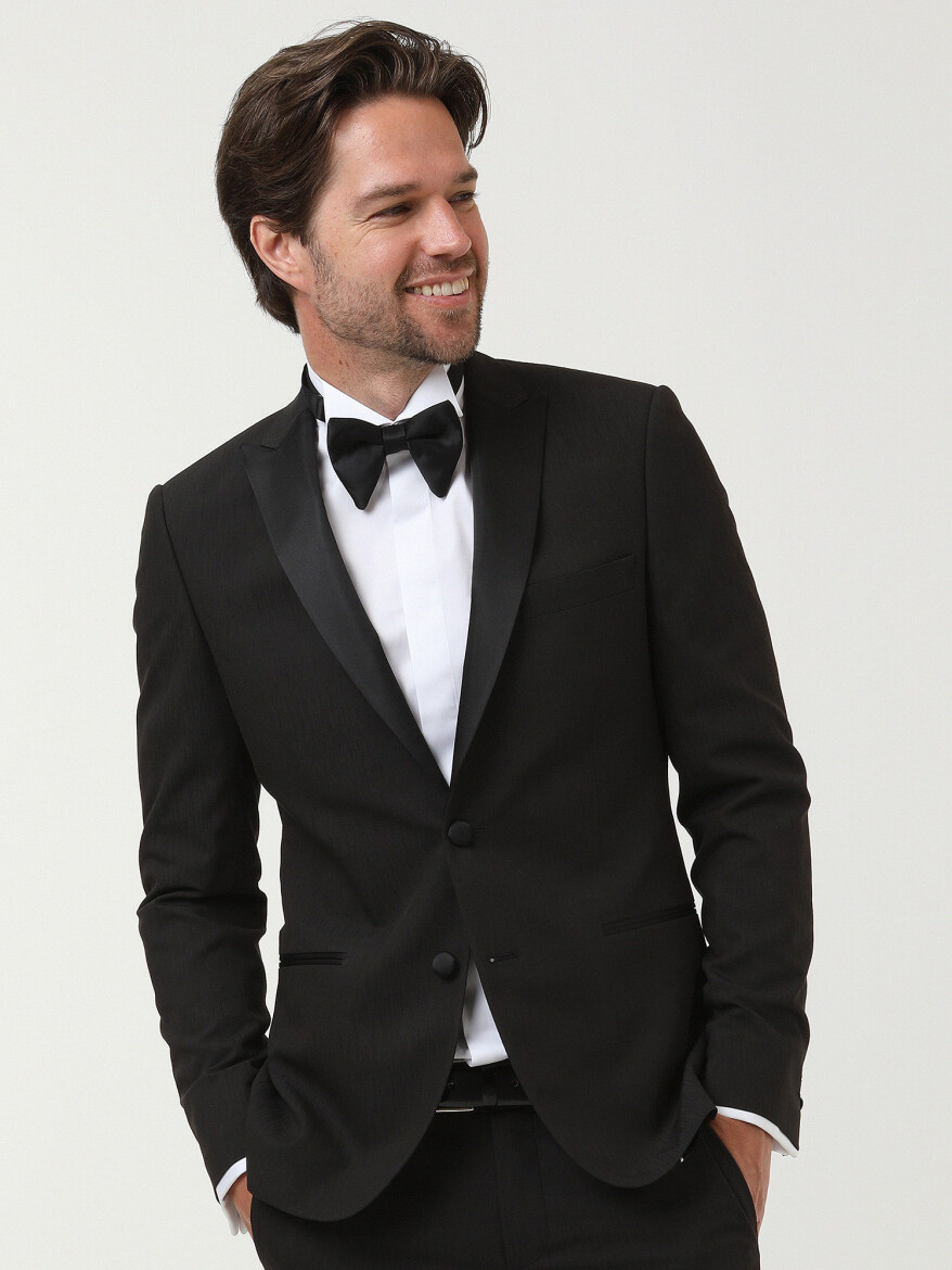 Black Patterned Slim Fit Double Breasted Collar Weaving Tuxedo - 1