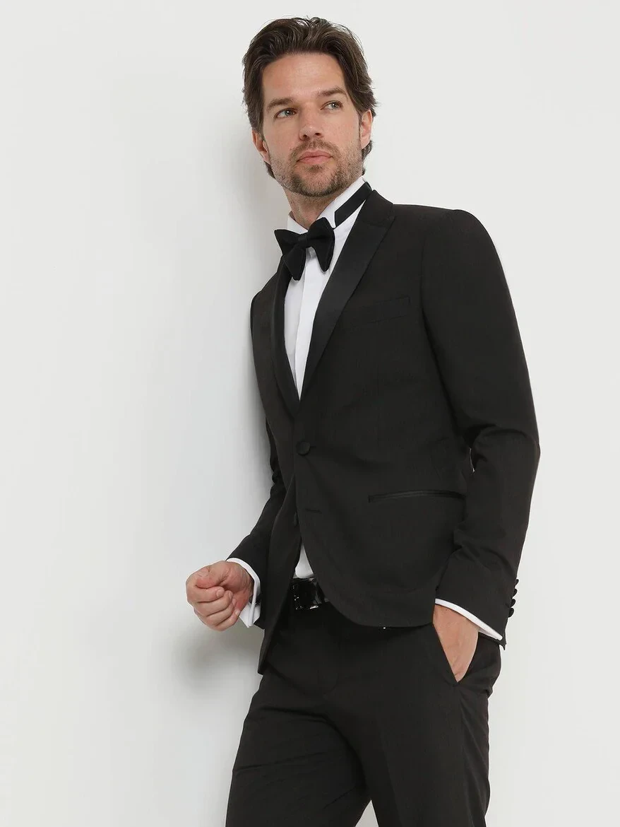 Black Patterned Slim Fit Double Breasted Collar Weaving Tuxedo - 1