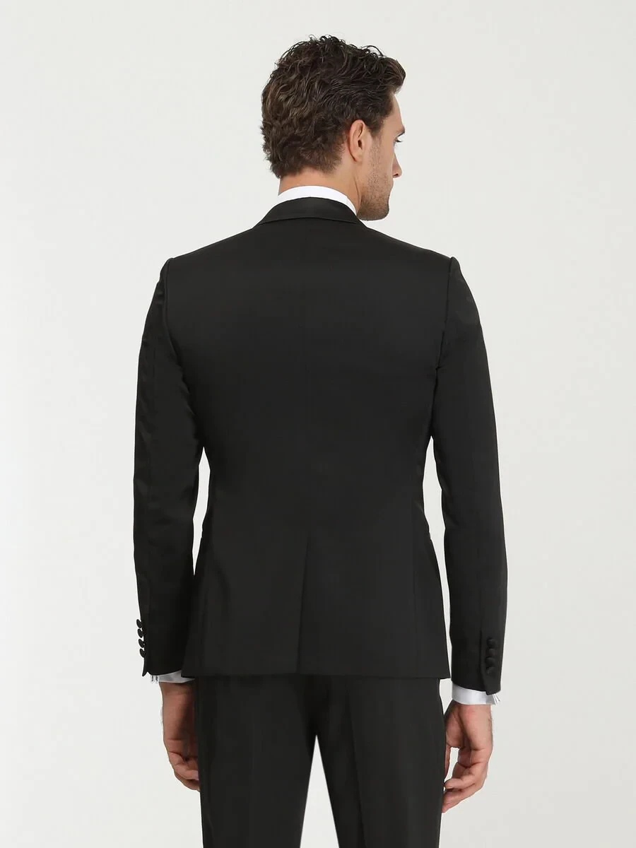 Black Patterned Slim Fit Shawl Collar Weaving Tuxedo - 6