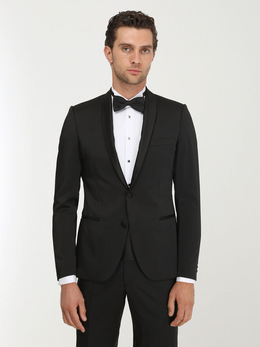 Black Patterned Slim Fit Shawl Collar Weaving Tuxedo - 1