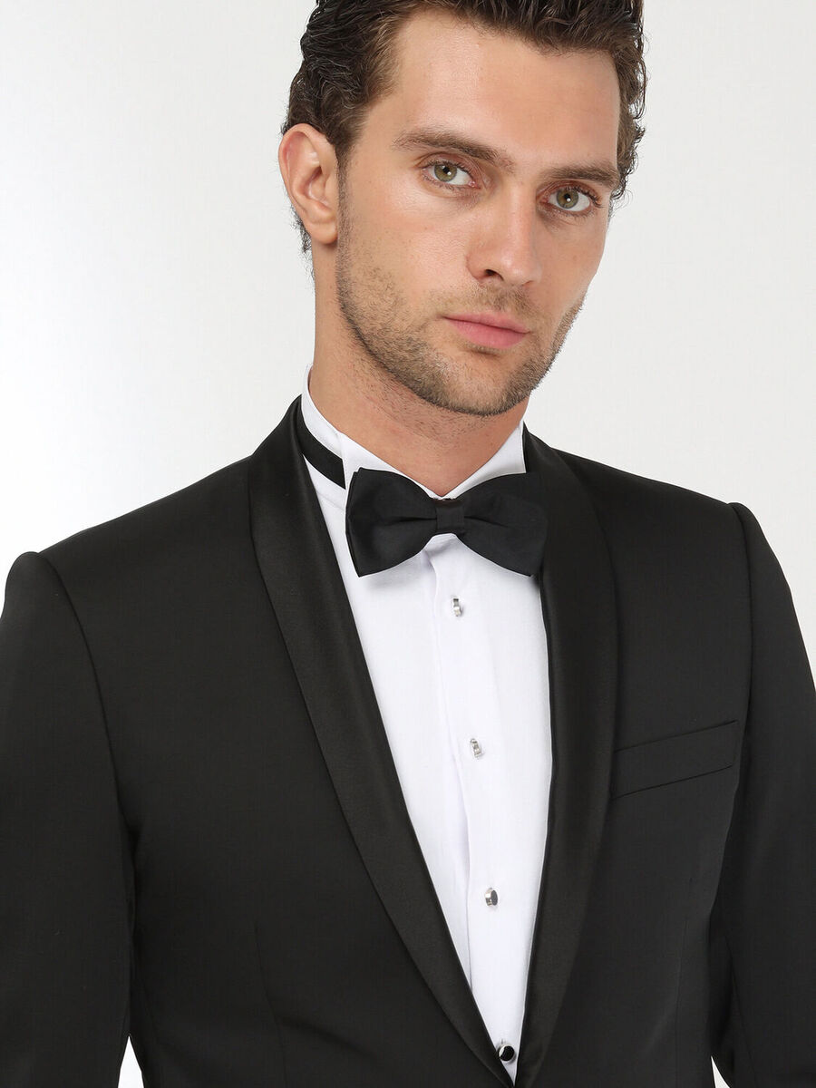 Black Patterned Slim Fit Shawl Collar Weaving Tuxedo - 3