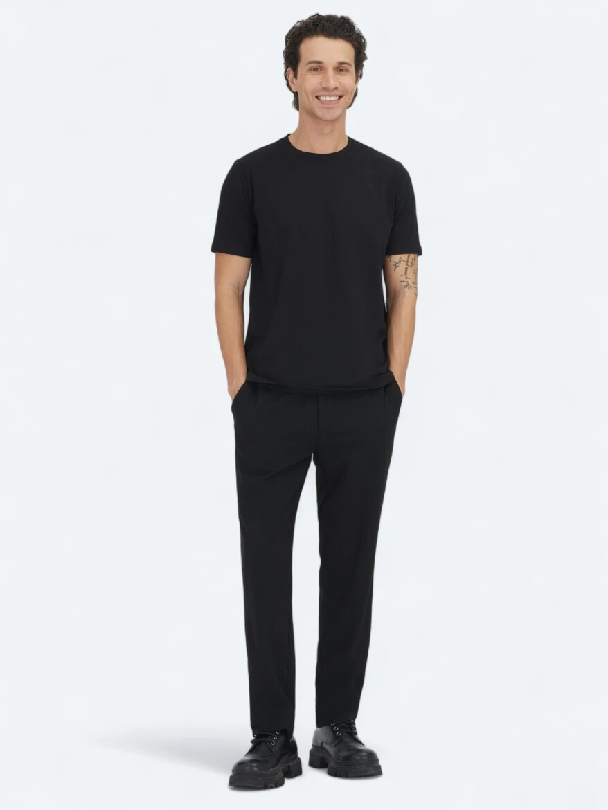 Black Plain Crew Neck 100% Cotton T-Shirt - KİP