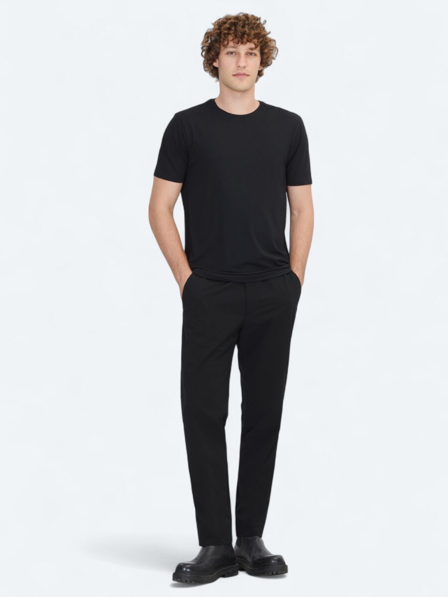 Black Plain Crew Neck Cotton Blended T-Shirt - 2