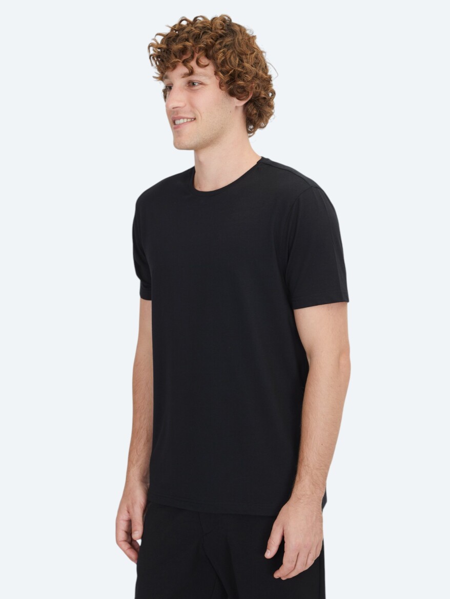 Black Plain Crew Neck Cotton Blended T-Shirt - 3