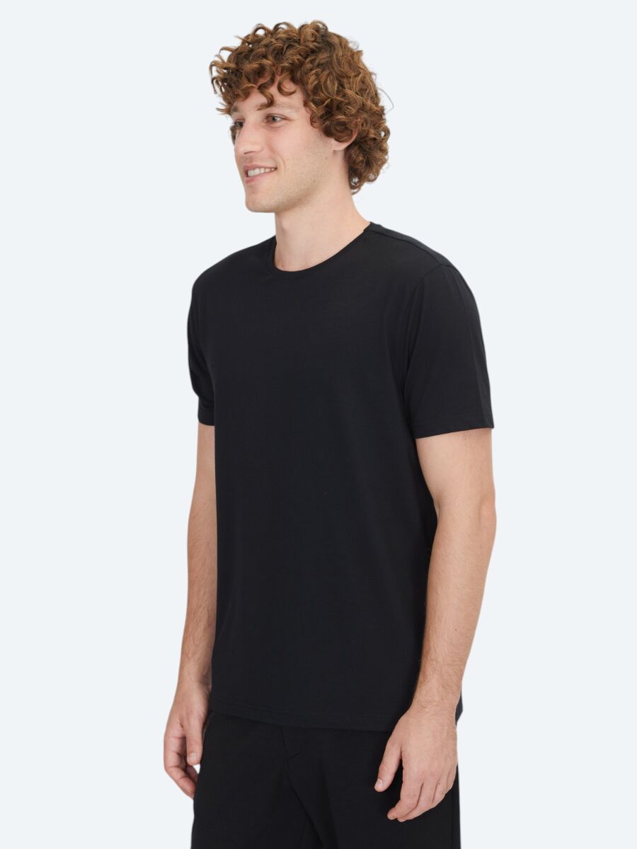 Black Plain Crew Neck Cotton Blended T-Shirt - 3