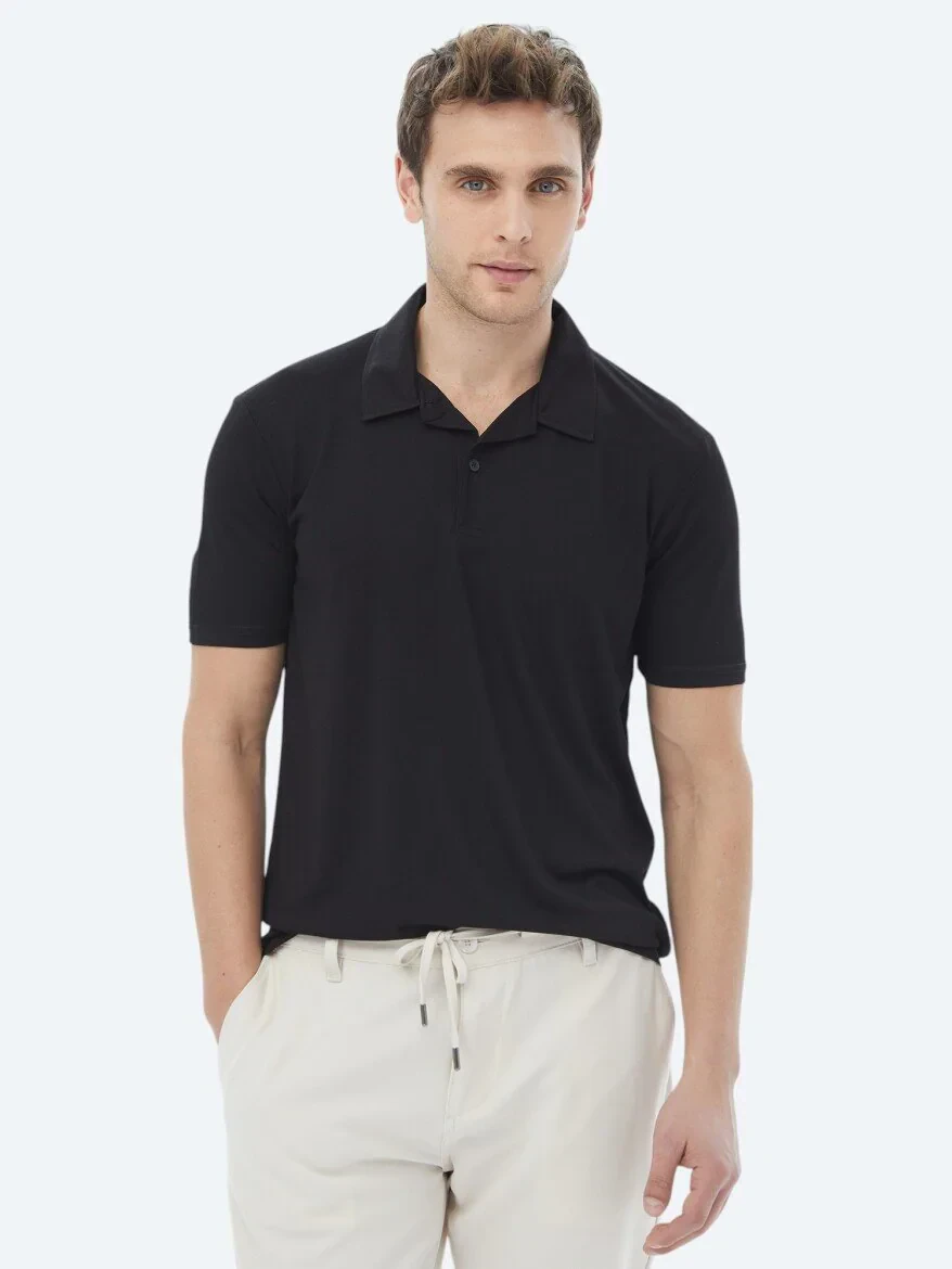 Black Plain Cuban Collar T-Shirt - 5