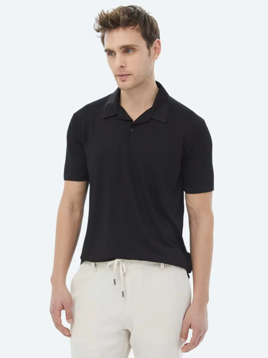 Black Plain Cuban Collar T-Shirt - 7