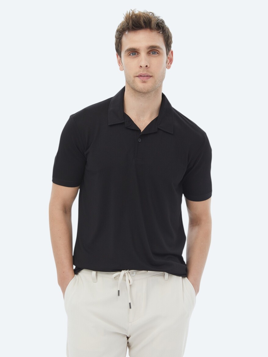 Black Plain Cuban Collar T-Shirt - 1