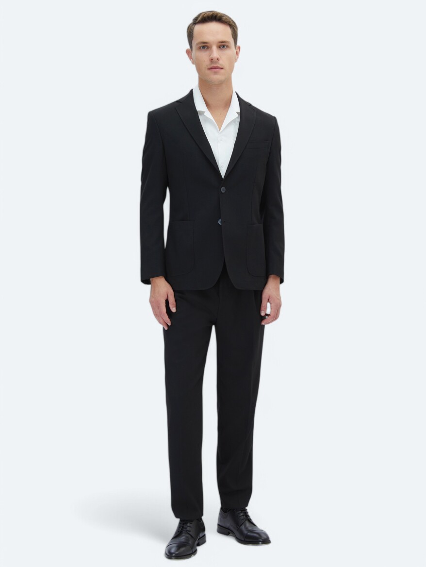 Black Plain Fitted Fit Suit - 2