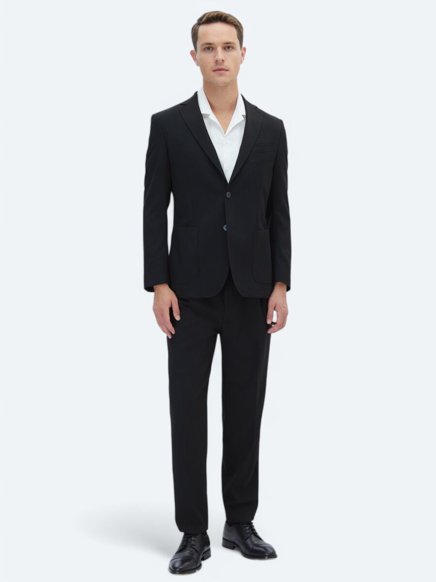 Black Plain Fitted Fit Suit - 2