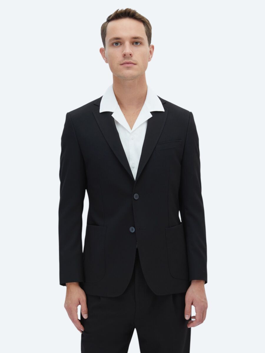 Black Plain Fitted Fit Suit - 3