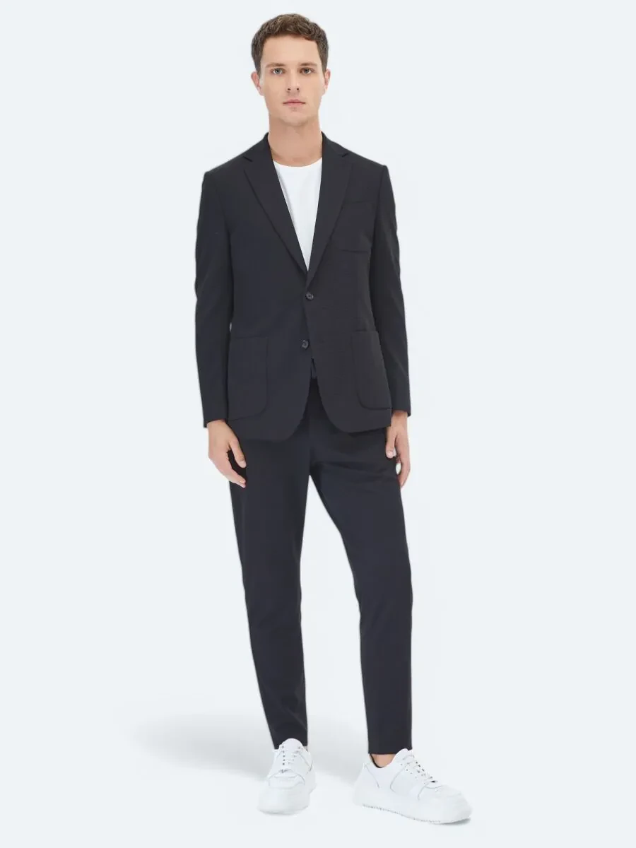 Black Plain Fitted Fit Suit - 2