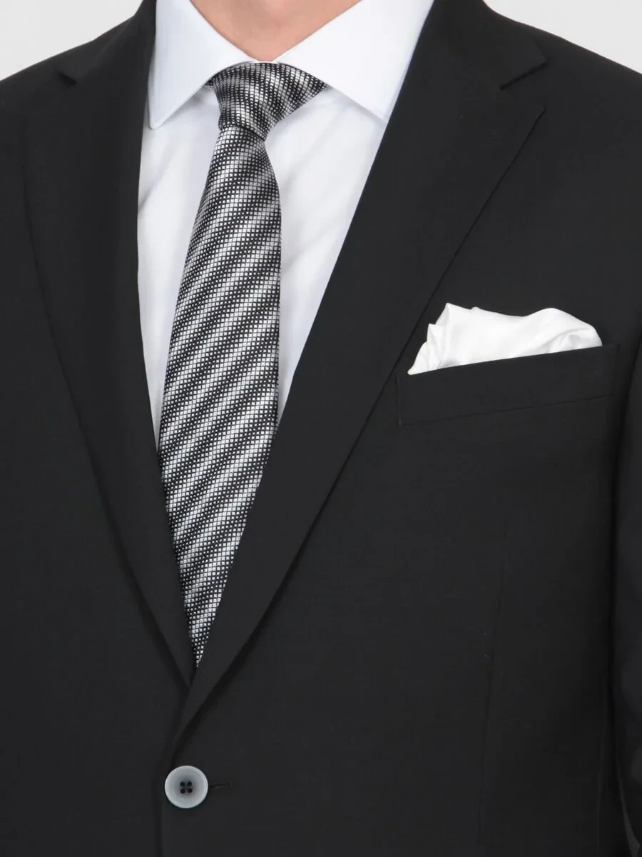 Black Plain Fitted Fit Wool Blended Suit - 1