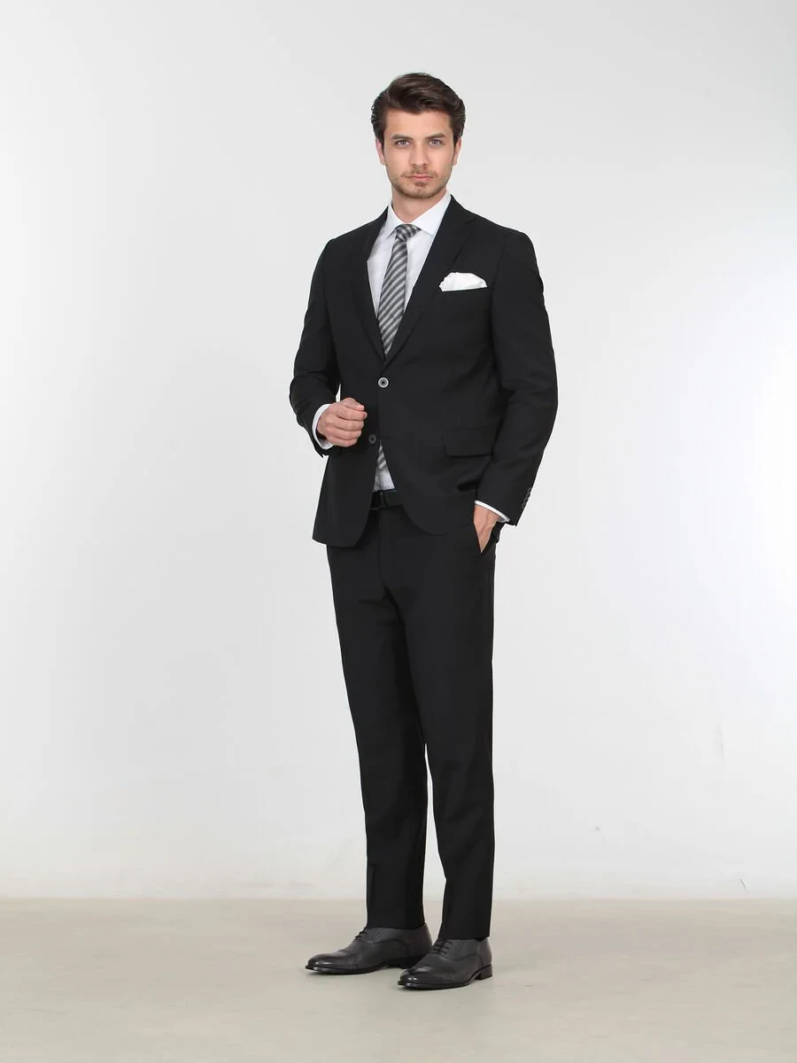 Black Plain Fitted Fit Wool Blended Suit - 3