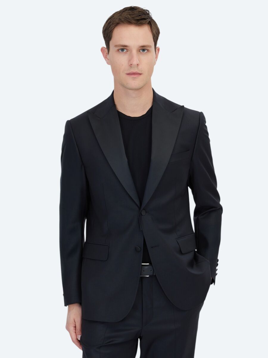 Black Plain Modern Fit Removable Double Breasted Brass Tuxedo - 1