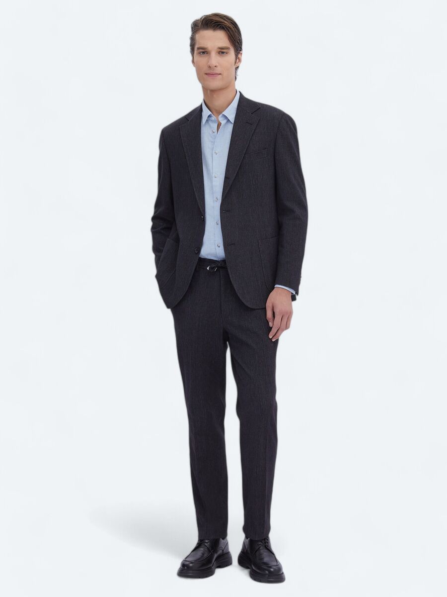 Black Plain Modern Fit Cotton Blended Suit - 1