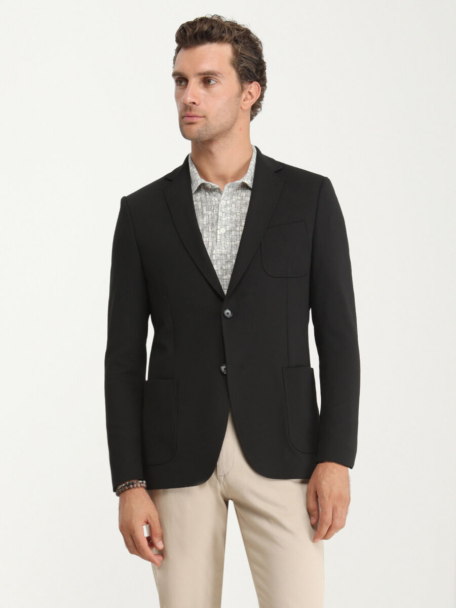Black Plain Modern Fit Jacket - 1
