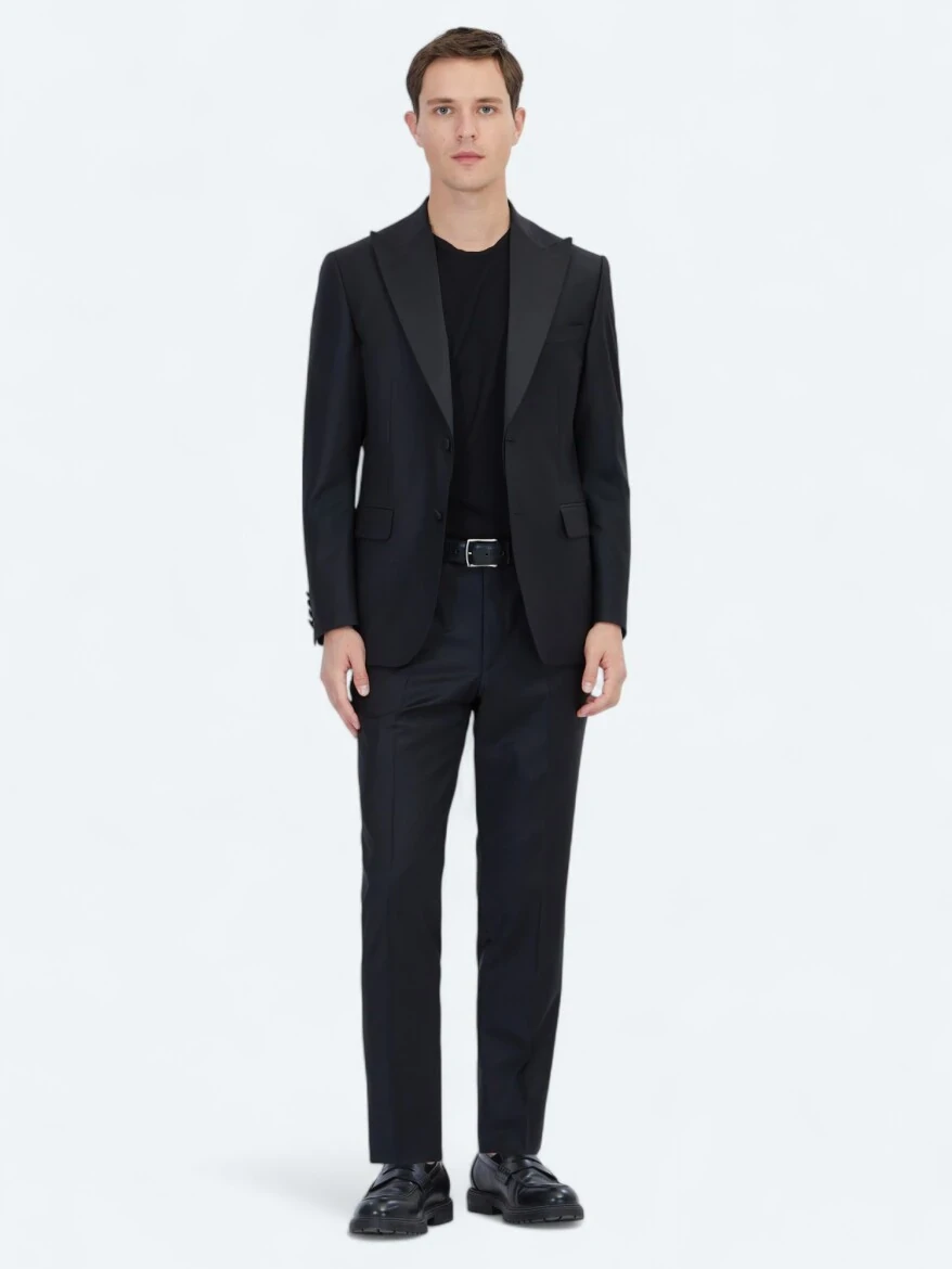 Black Plain Modern Fit Removable Double Breasted Brass Tuxedo - 2