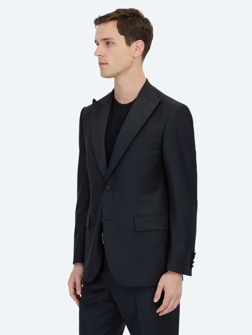 Black Plain Modern Fit Removable Double Breasted Brass Tuxedo - 3
