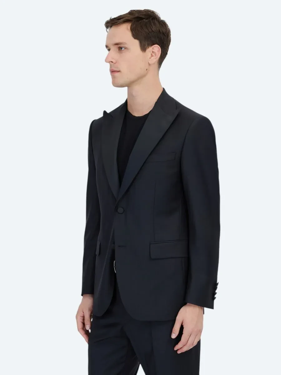 Black Plain Modern Fit Removable Double Breasted Brass Tuxedo - 3