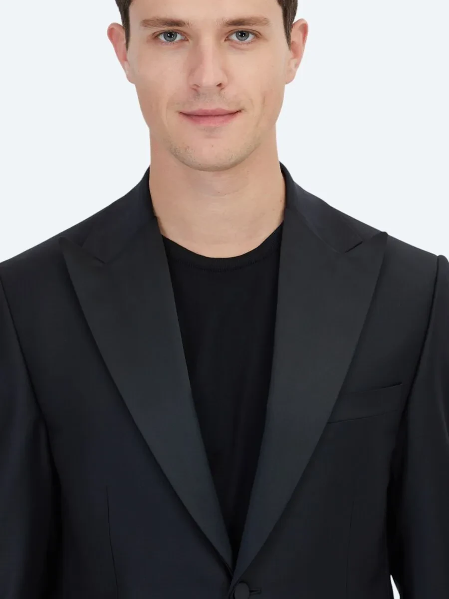 Black Plain Modern Fit Removable Double Breasted Brass Tuxedo - 4