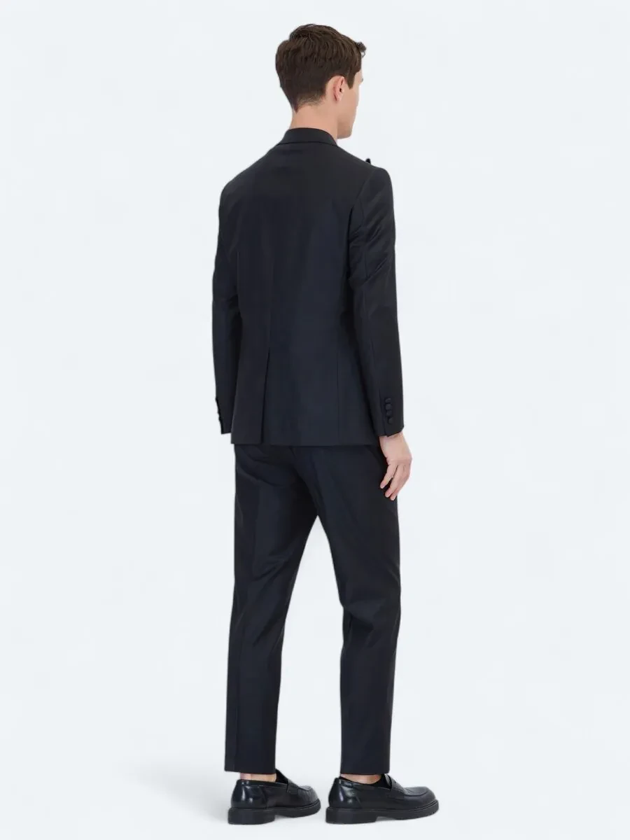 Black Plain Modern Fit Removable Double Breasted Brass Tuxedo - 5