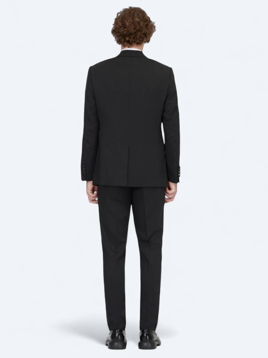 Black Plain Modern Fit Removable Double Breasted Weaving Tuxedo - 5