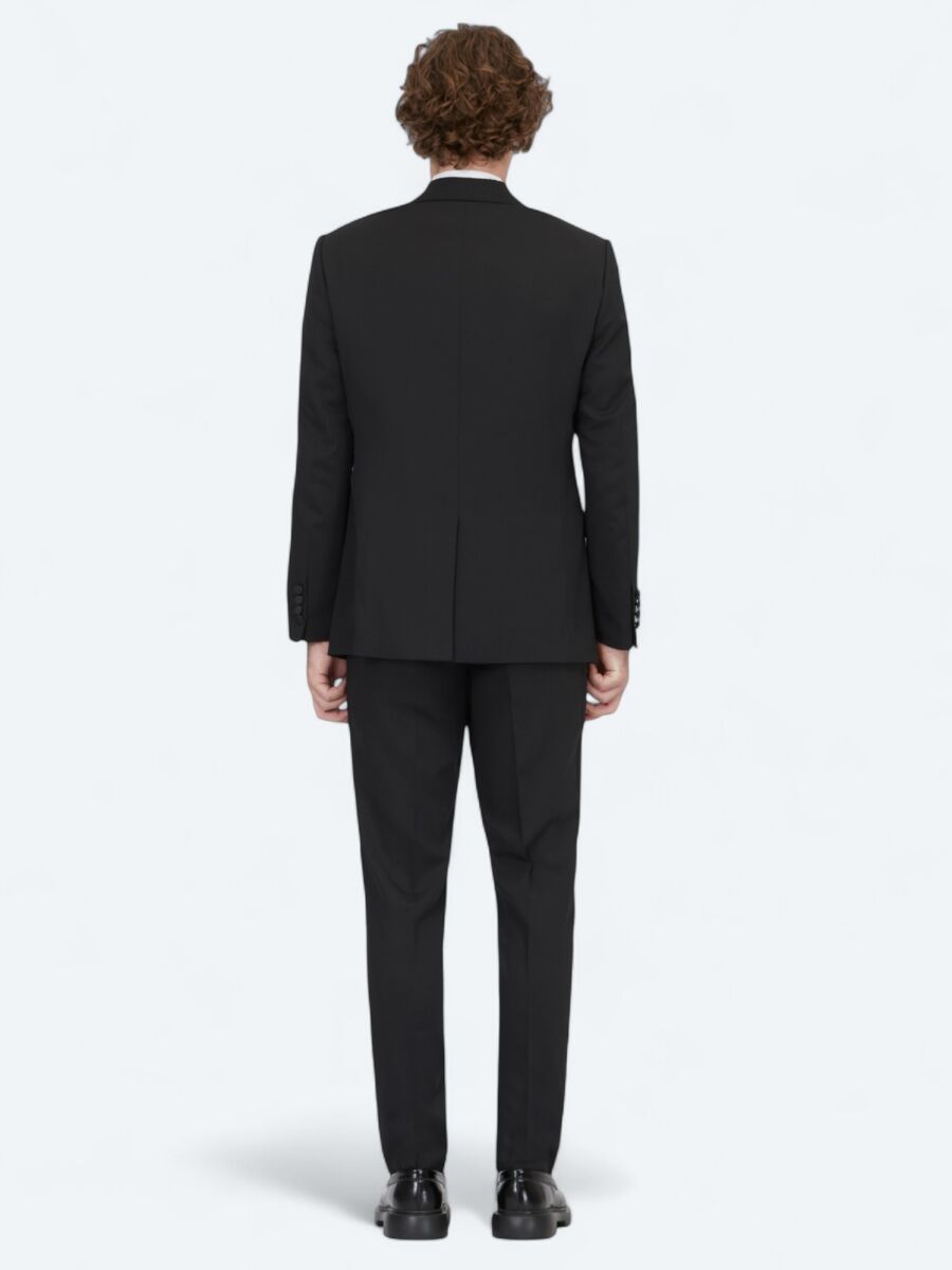 Black Plain Modern Fit Removable Double Breasted Weaving Tuxedo - 5