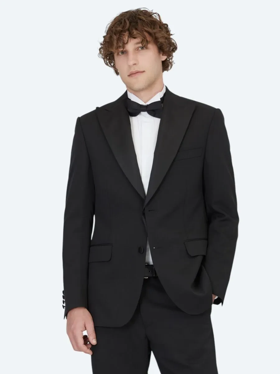 Black Plain Modern Fit Removable Double Breasted Weaving Tuxedo - 1