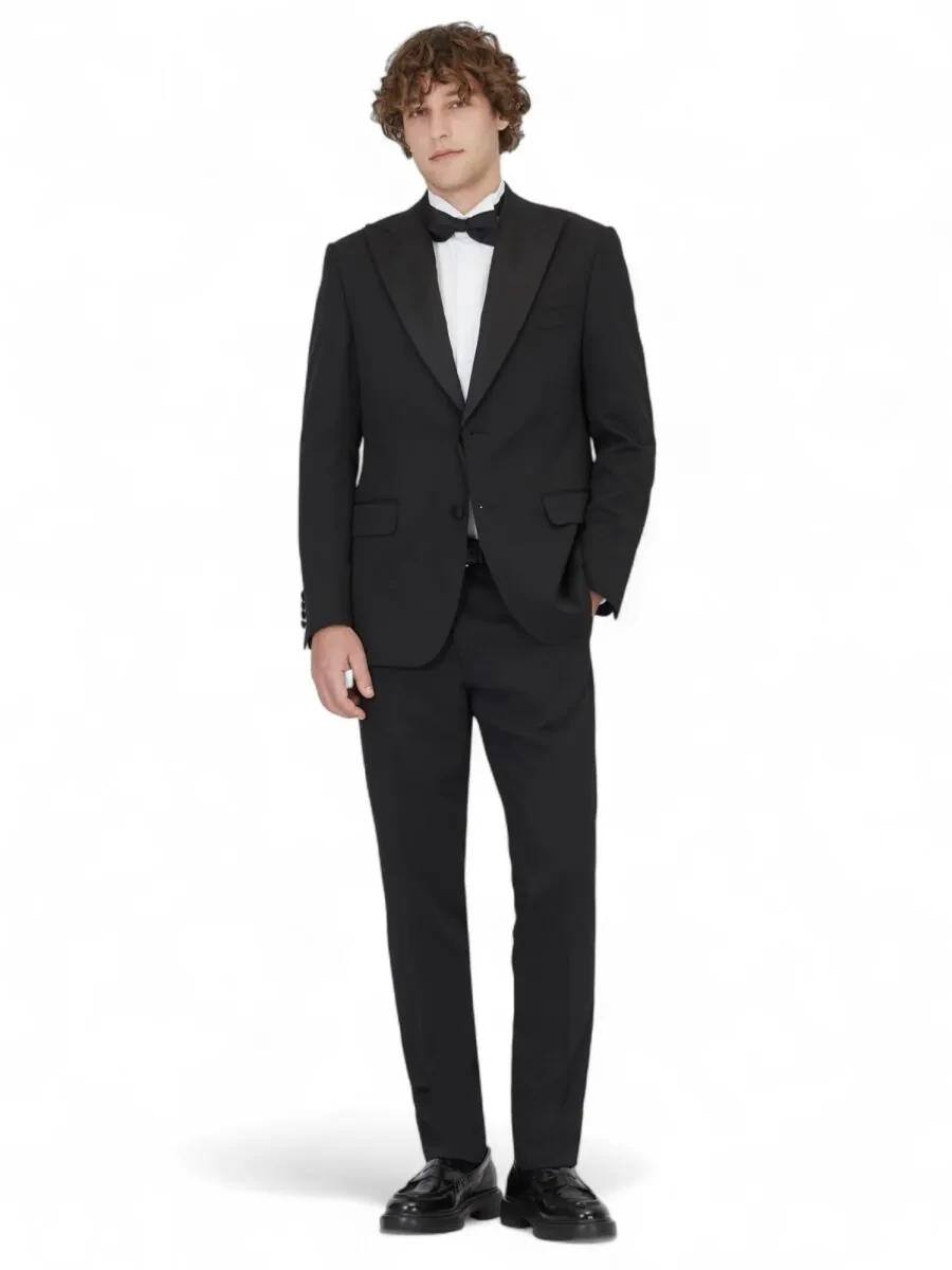 Black Plain Modern Fit Removable Double Breasted Weaving Tuxedo - 2