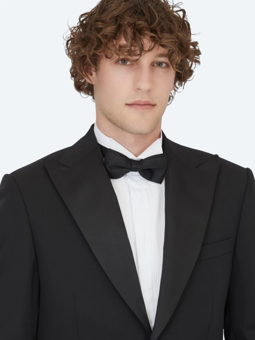 Black Plain Modern Fit Removable Double Breasted Weaving Tuxedo - 3