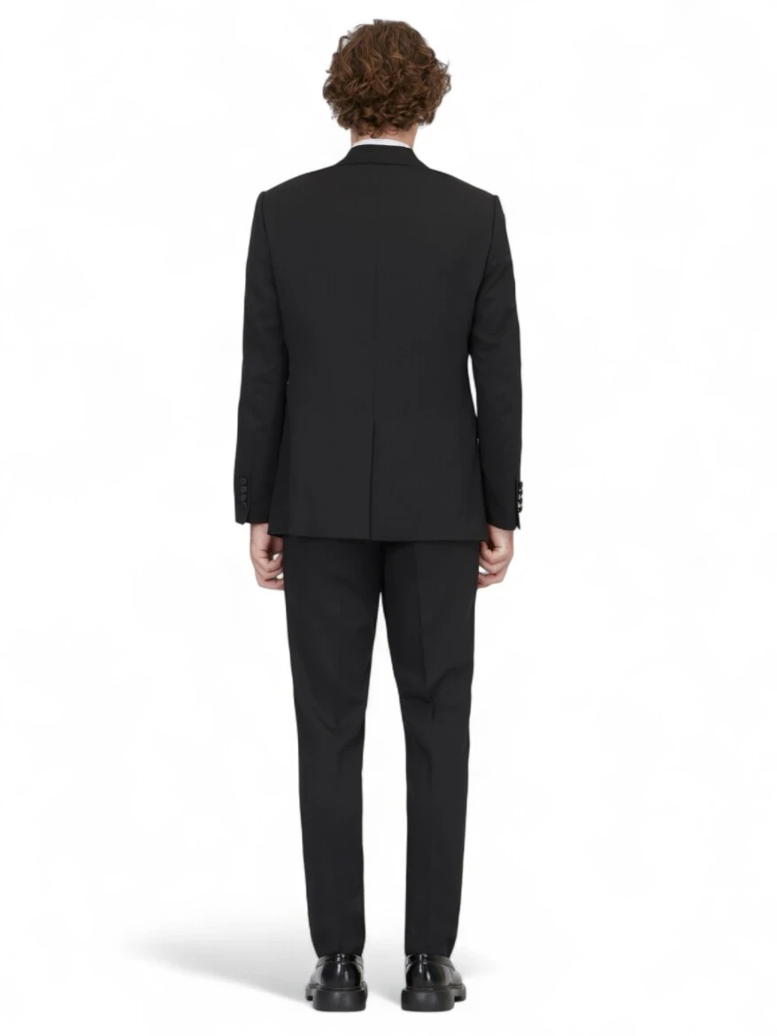 Black Plain Modern Fit Removable Double Breasted Weaving Tuxedo - 5