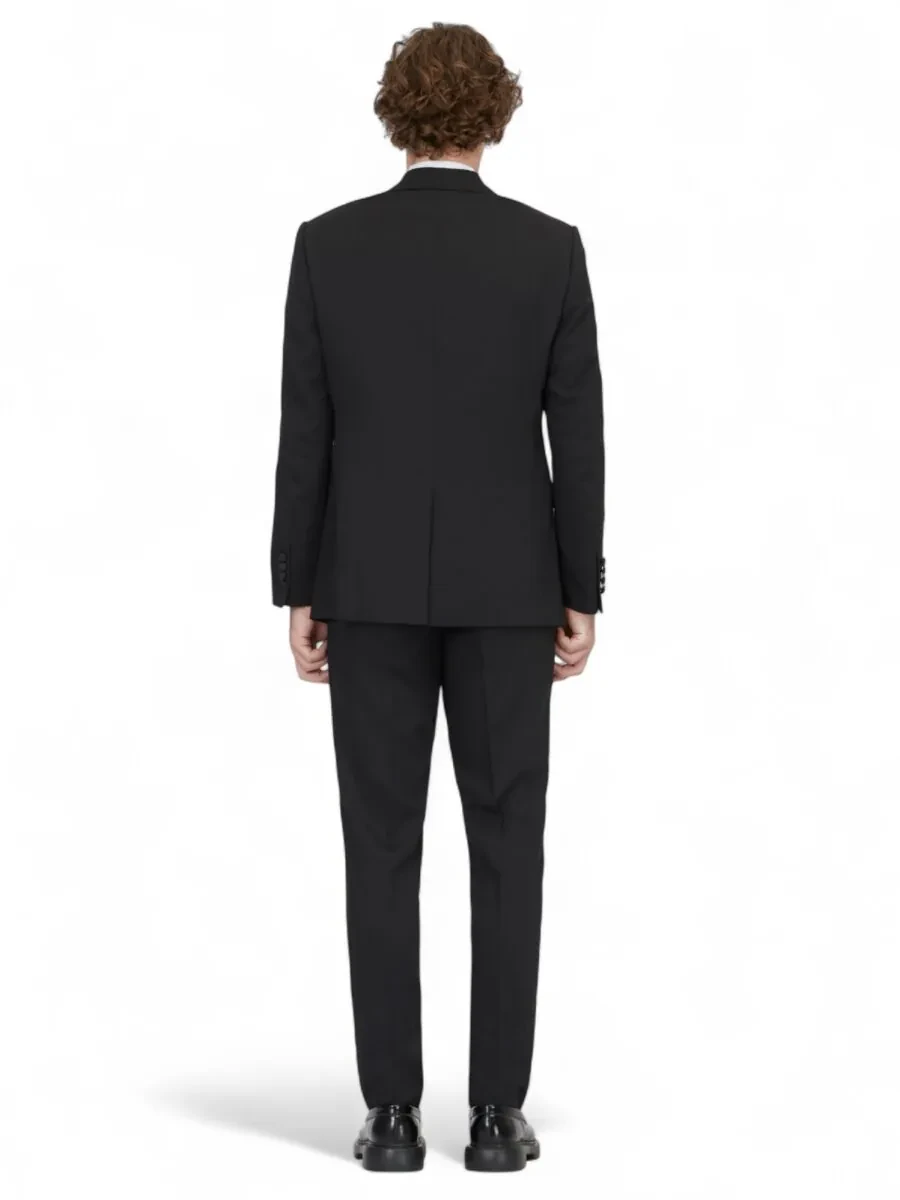 Black Plain Modern Fit Removable Double Breasted Weaving Tuxedo - 5