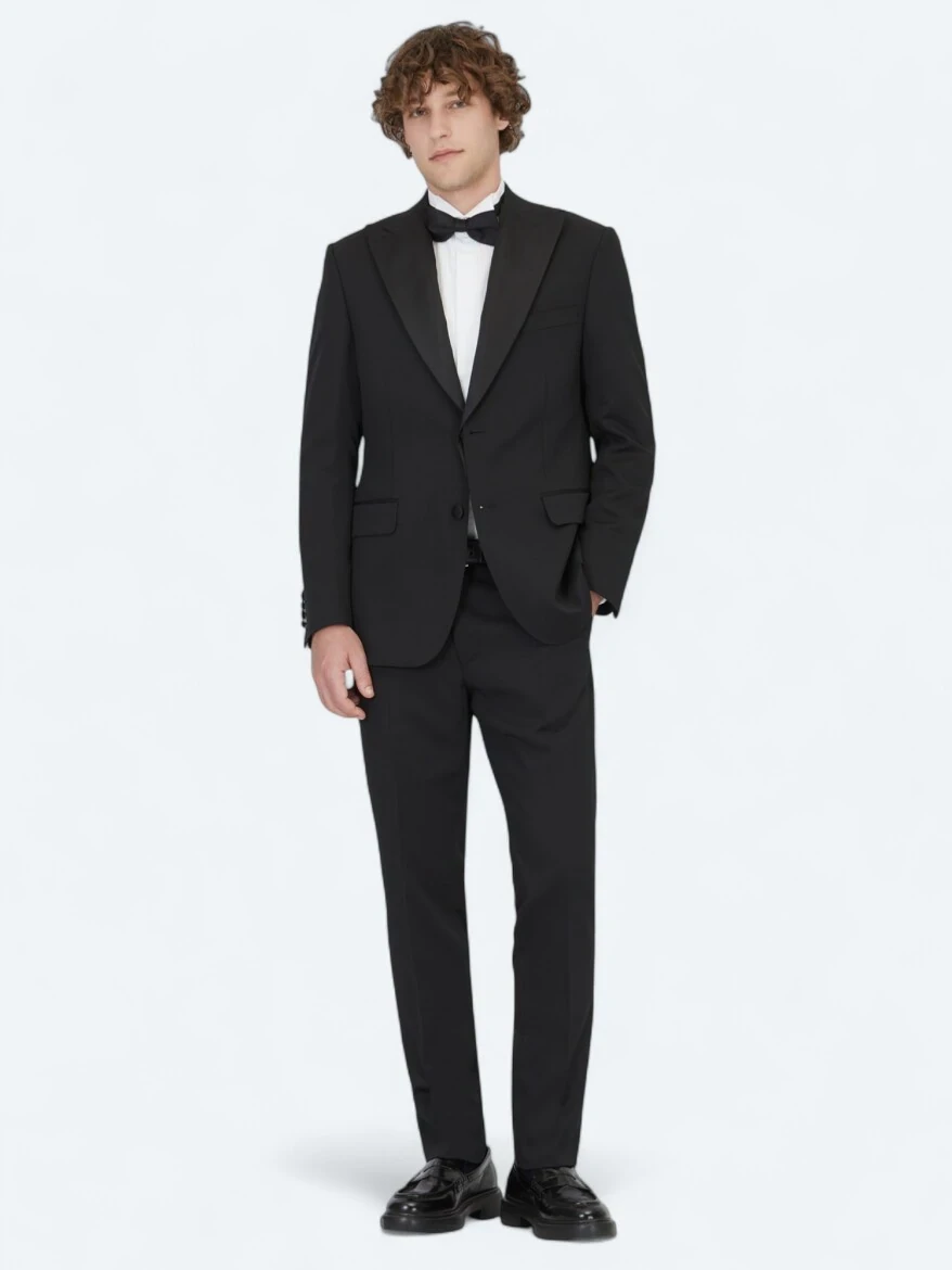 Black Plain Modern Fit Removable Double Breasted Weaving Tuxedo - 2