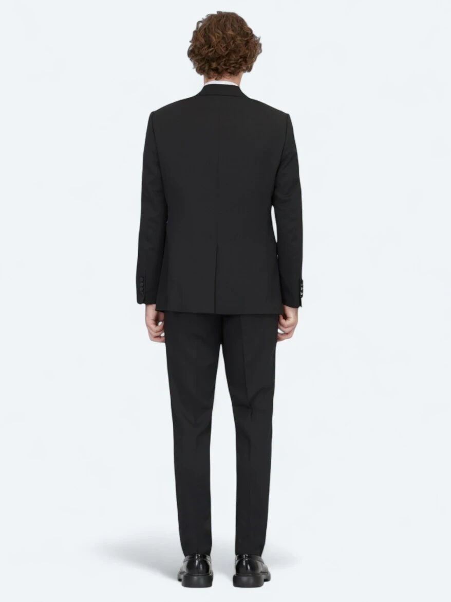 Black Plain Modern Fit Removable Double Breasted Weaving Tuxedo - 5