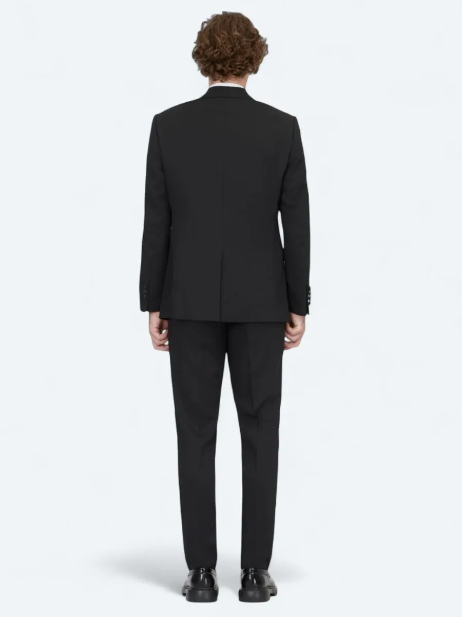Black Plain Modern Fit Removable Double Breasted Weaving Tuxedo - 5