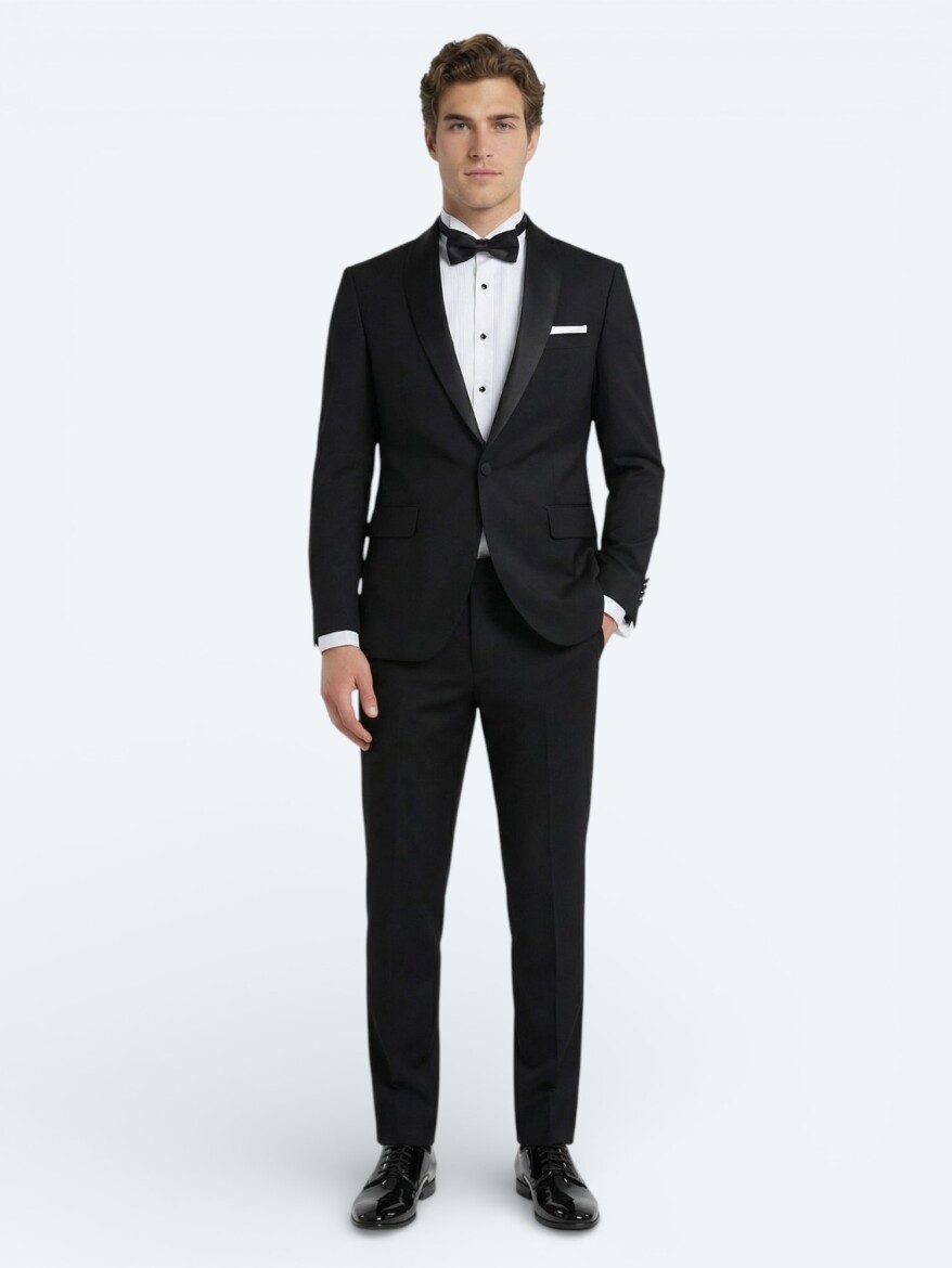 Black Plain Modern Fit Removable Shawl Collar Weaving Tuxedo 