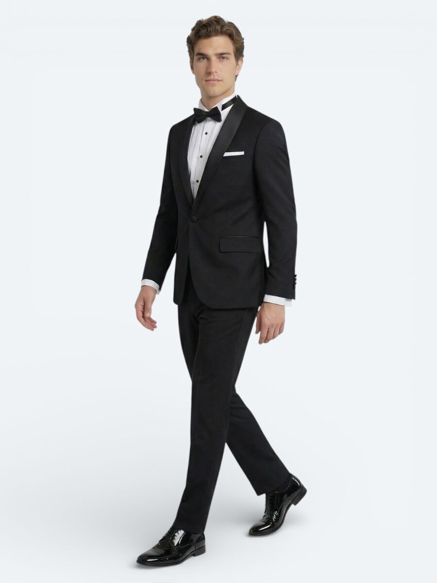 Black Plain Modern Fit Removable Shawl Collar Weaving Tuxedo - 2