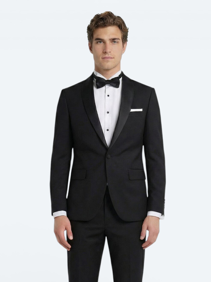 Black Plain Modern Fit Removable Shawl Collar Weaving Tuxedo - 3