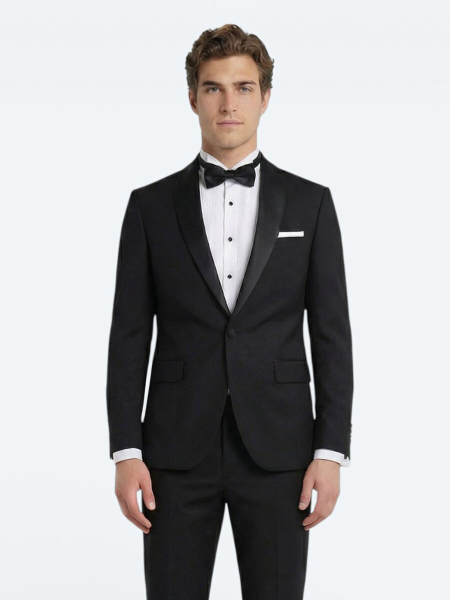 Black Plain Modern Fit Removable Shawl Collar Weaving Tuxedo - 3