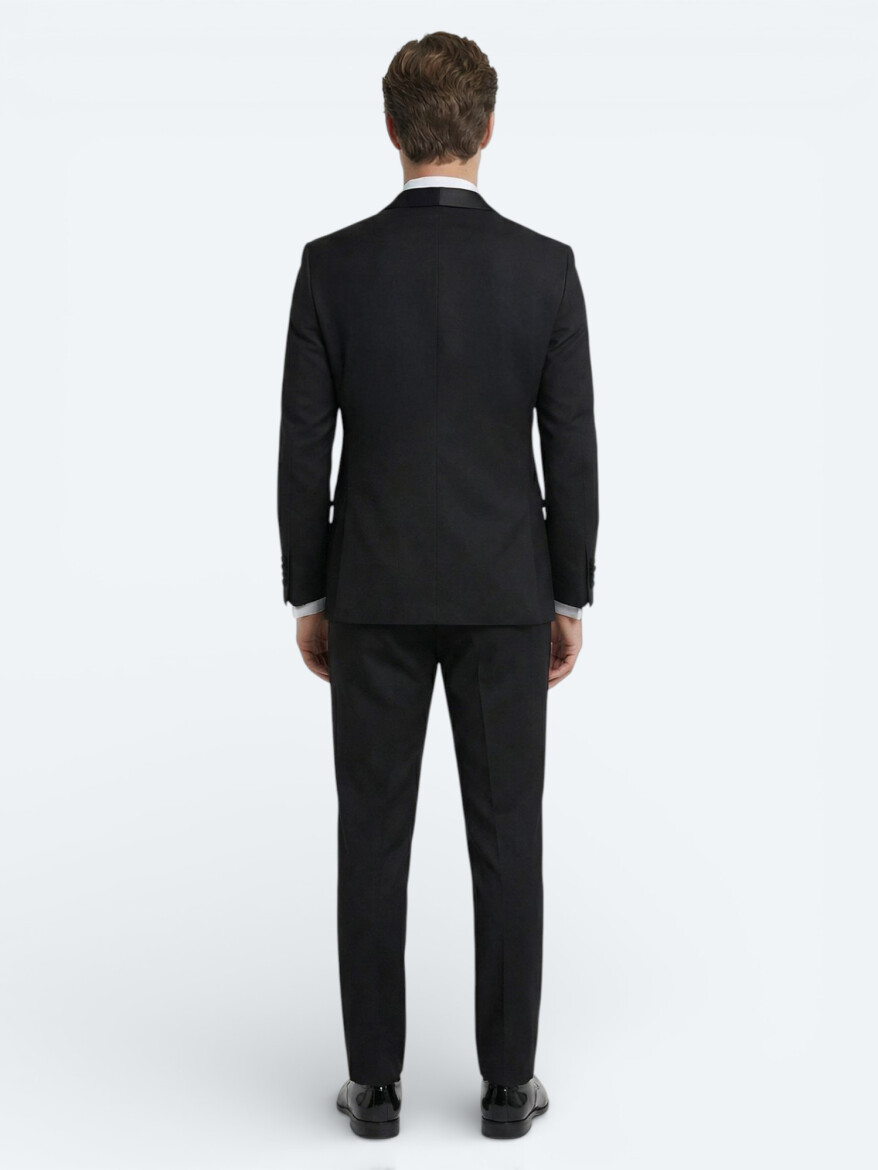 Black Plain Modern Fit Removable Shawl Collar Weaving Tuxedo - 4