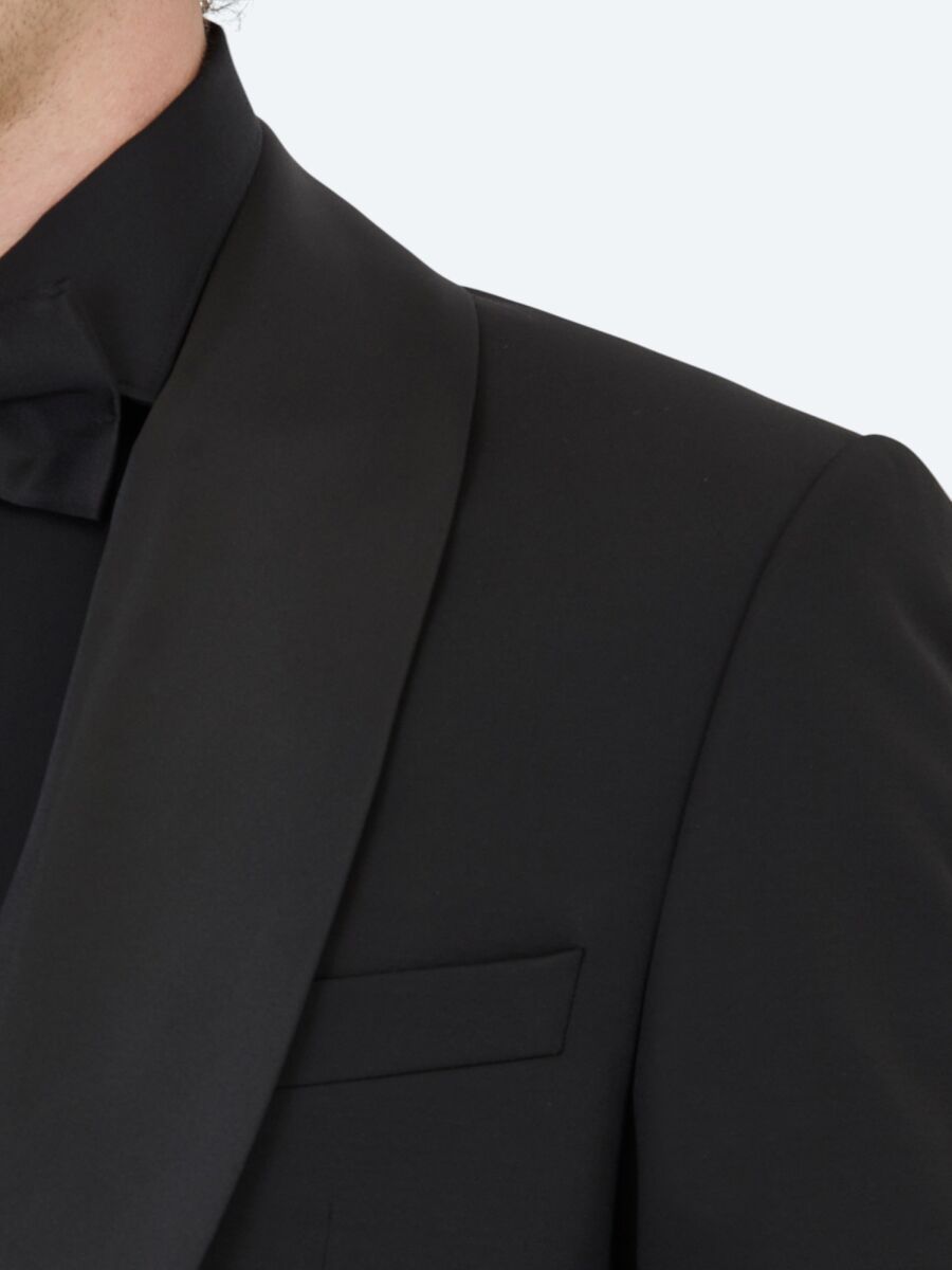 Black Plain Modern Fit Removable Shawl Collar Weaving Tuxedo - 4