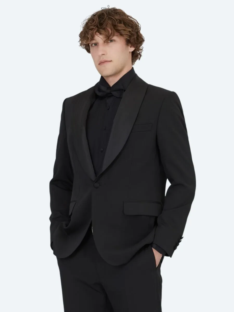 Black Plain Modern Fit Removable Shawl Collar Weaving Tuxedo - 1