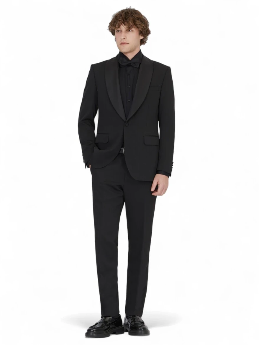 Black Plain Modern Fit Removable Shawl Collar Weaving Tuxedo - 2
