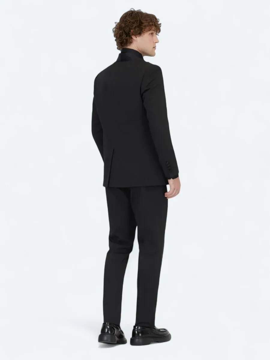 Black Plain Modern Fit Removable Shawl Collar Weaving Tuxedo - 5