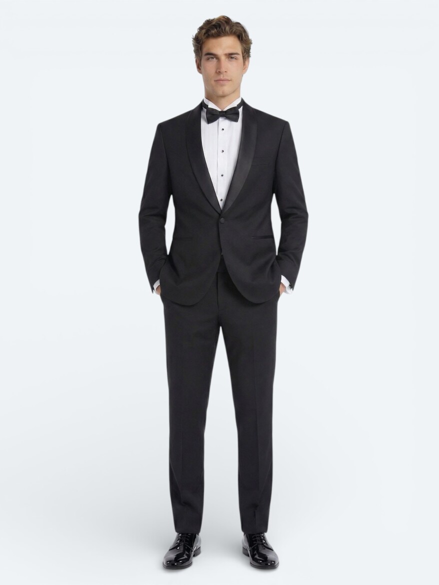 Black Plain Modern Fit Shawl Collar Weaving Tuxedo - 1
