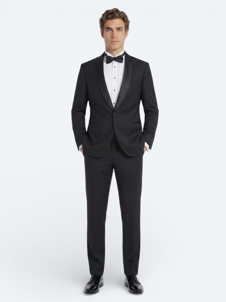 Black Plain Modern Fit Shawl Collar Weaving Tuxedo - 1