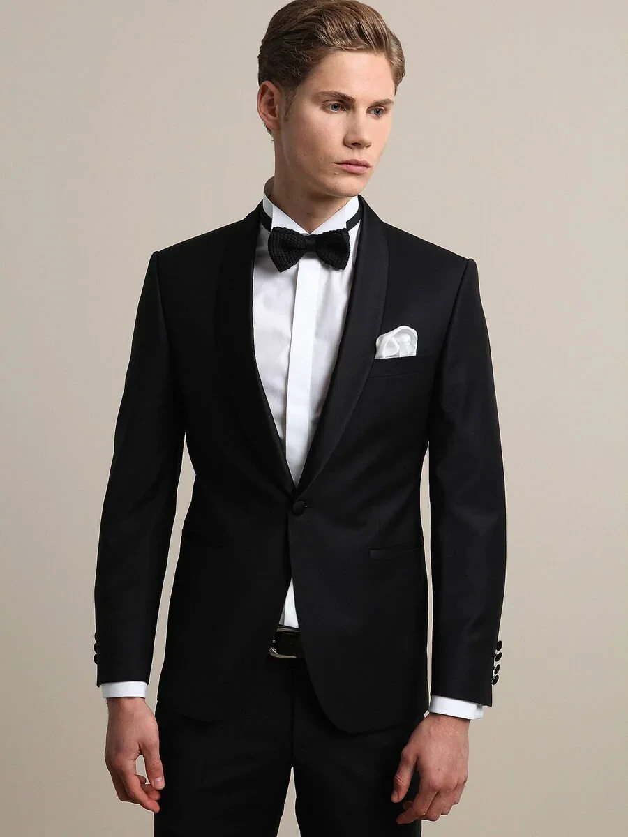 Black Plain Modern Fit Shawl Collar Weaving Tuxedo - 1