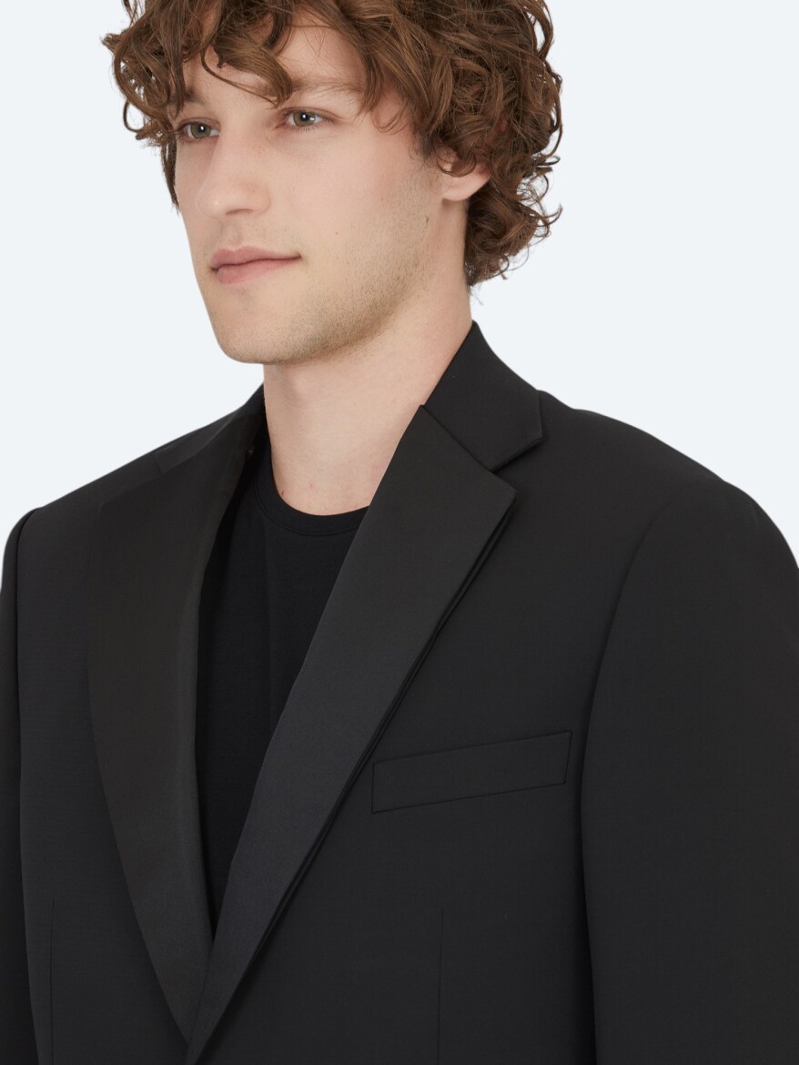 Black Plain Modern Fit Shawl Collar Weaving Tuxedo - 4