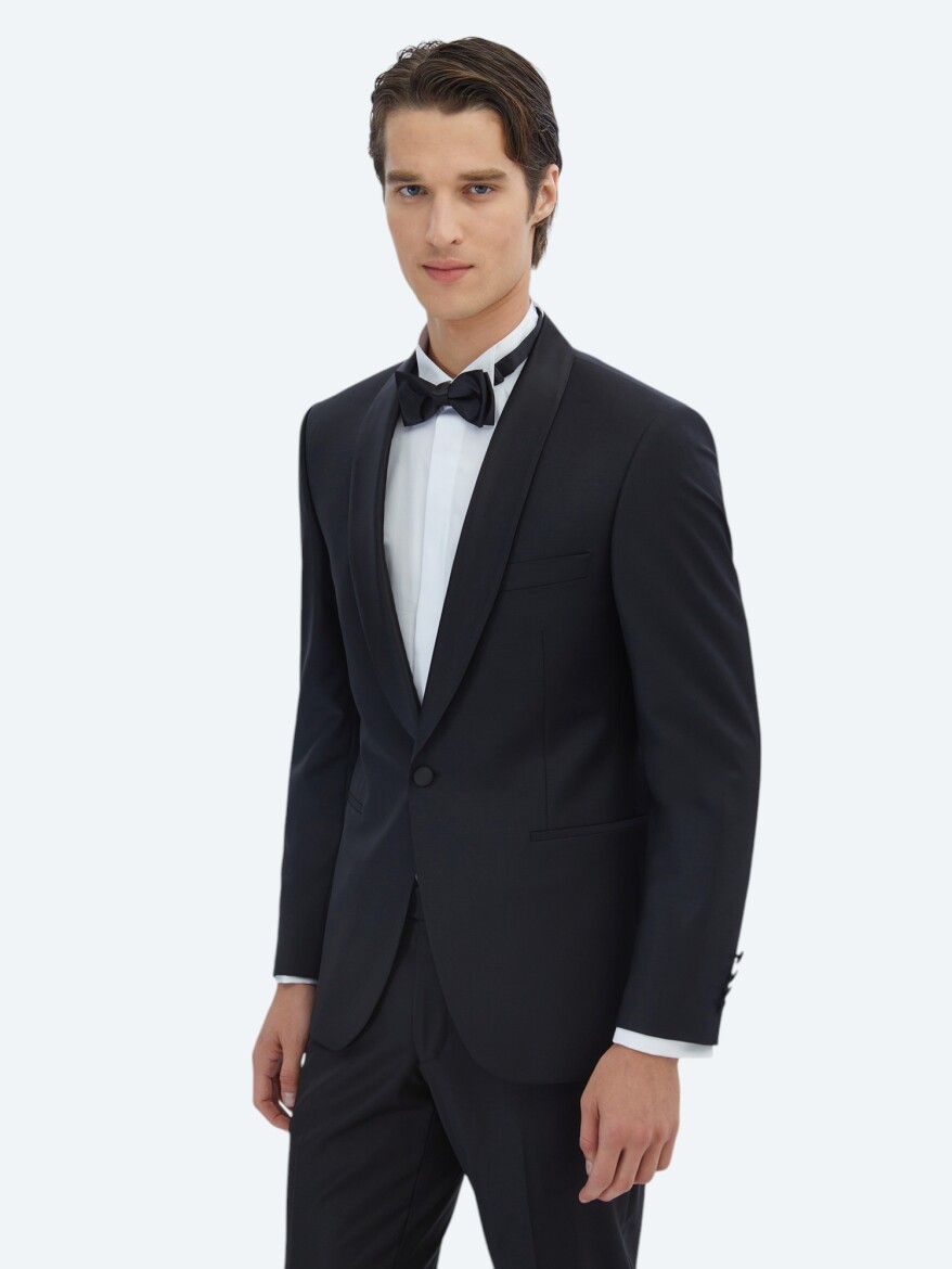 Black Plain Modern Fit Shawl Collar Weaving Tuxedo - 1